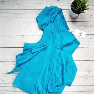 NWT TIBI One Shoulder Silk Chiffon Draped Cocktail Dress Turquoise 2
